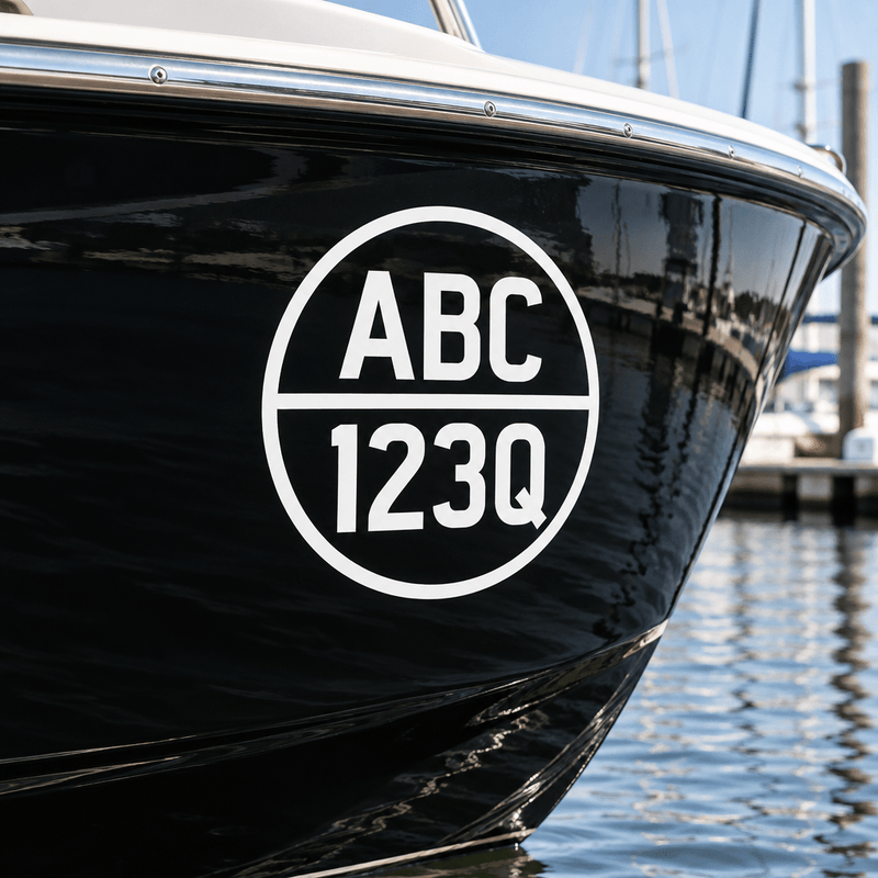 White cut-vinyl round registration decal on a black boat hull