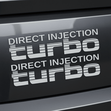 Load image into Gallery viewer, White Direct Injection turbo stickers on dark charcoal background

