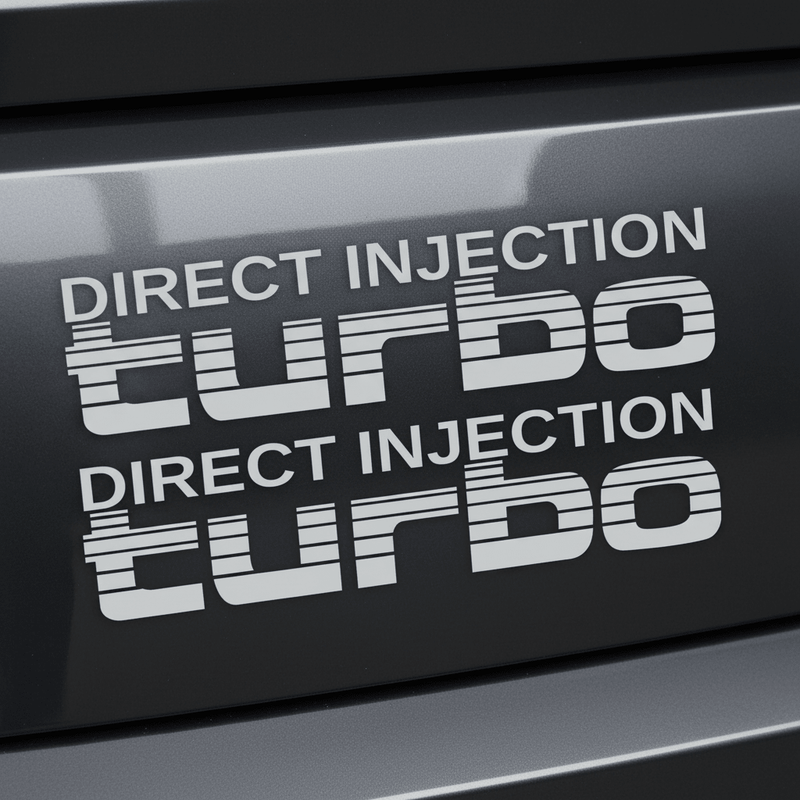 White Direct Injection turbo stickers on dark charcoal background