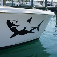 Load image into Gallery viewer, White fishing boat hull at marina shark sticker
