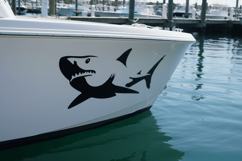 White fishing boat hull at marina shark sticker