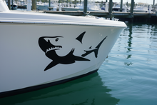 Load image into Gallery viewer, White fishing boat hull at marina shark sticker
