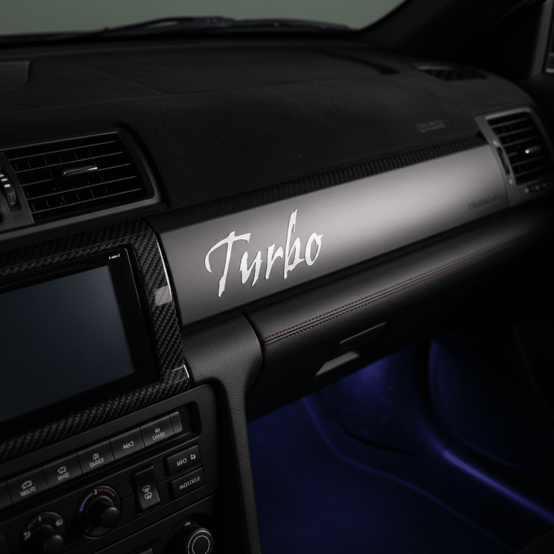 White Gothic Turbo sticker on JDM car interior dashboard trim