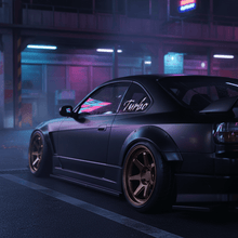Load image into Gallery viewer, White Gothic Turbo sticker on JDM car quarter window at night
