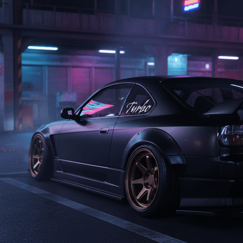 White Gothic Turbo sticker on JDM car quarter window at night