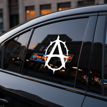 Load image into Gallery viewer, Gothic Thorn Anarchy Symbol Vinyl Sticker White on tinted side window
