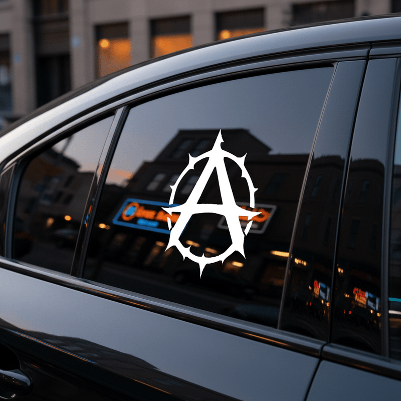 Gothic Thorn Anarchy Symbol Vinyl Sticker White on tinted side window