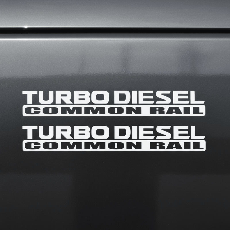 White Turbo Diesel Common Rail stickers on dark panel