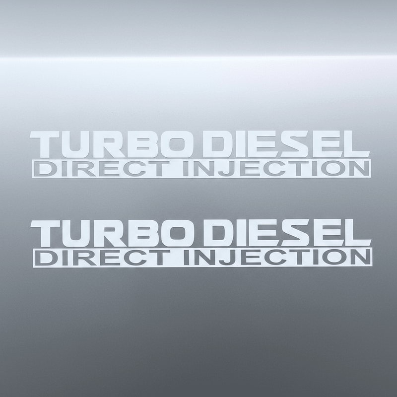 White Turbo Diesel Direct Injection stickers doubled on dark background