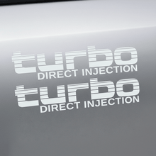 Load image into Gallery viewer, White Turbo Direct Injection stickers on grey panel
