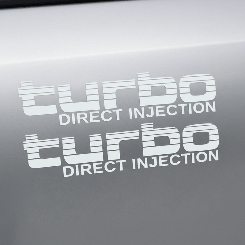 White Turbo Direct Injection stickers on grey panel