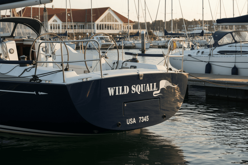 Wild Squall - navy racing yacht white stencil