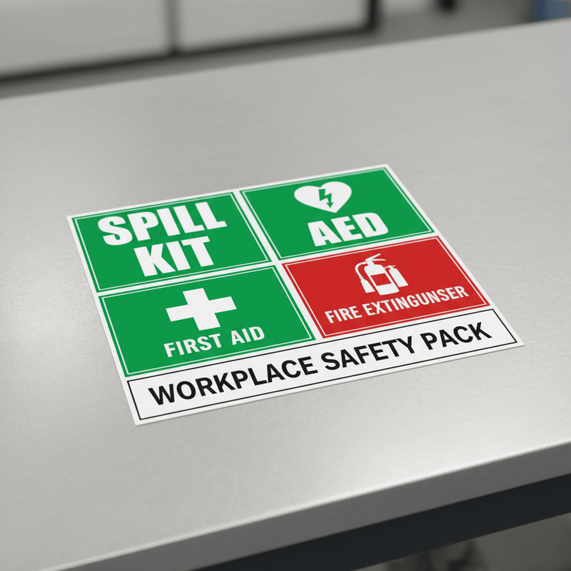 Workplace safety pack spill kit AED first aid fire extinguisher bundle