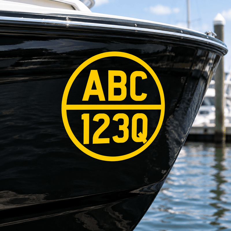Yellow cut-vinyl round registration decal on a black boat hull