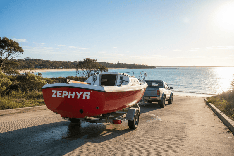 Zephyr - red trailer sailer boat ramp