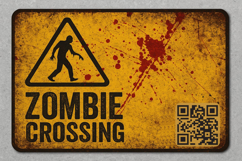 Zombie crossing sign with QR code on a yellow background
