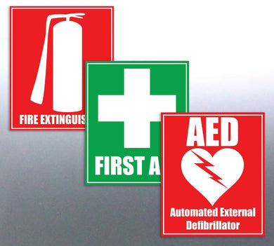 First aid fire extinguisher AED sticker 155 x 180 