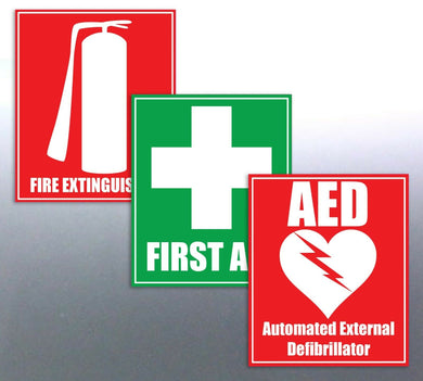 First aid fire extinguisher AED sticker 100 x 120 
