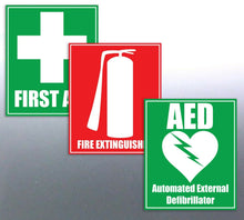 Load image into Gallery viewer, First aid fire extinguisher AED sticker 155x180 mm

