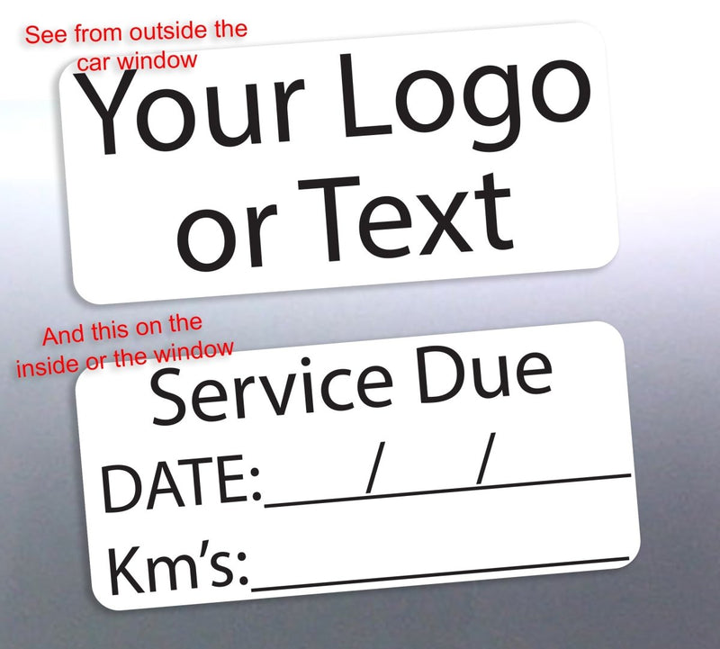 A service sticker with a custom logo and text, indicating a date and location for service, placed on a car.